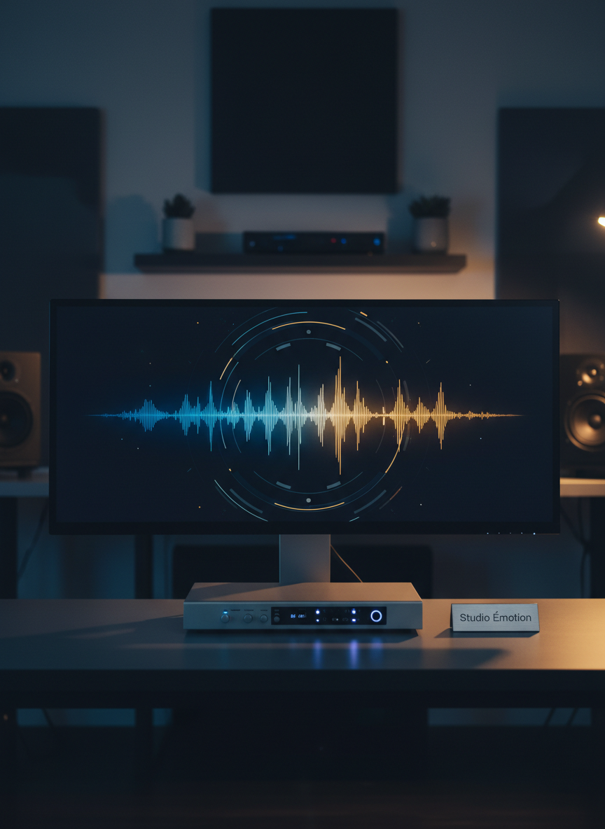 An elegant, minimalist homepage hero concept featuring a close-up of a polished audio waveform displayed across a large, ultra-wide monitor, the waveform pulsing in gradient blues and warm golds against a dark interface. In front of the screen sits a brushed aluminum audio interface and a subtle nameplate etched with “Studio Émotion.” The background shows softly blurred acoustic panels and a neatly arranged studio shelf. Cool, controlled studio lighting with a slight blue tint enhances the tech-savvy look, while a warm accent light from the side adds depth. Photographic realism, wide-angle composition with sharp focus throughout, conveying precision, trustworthiness, and the fusion of technology and emotion in crafting customized songs.