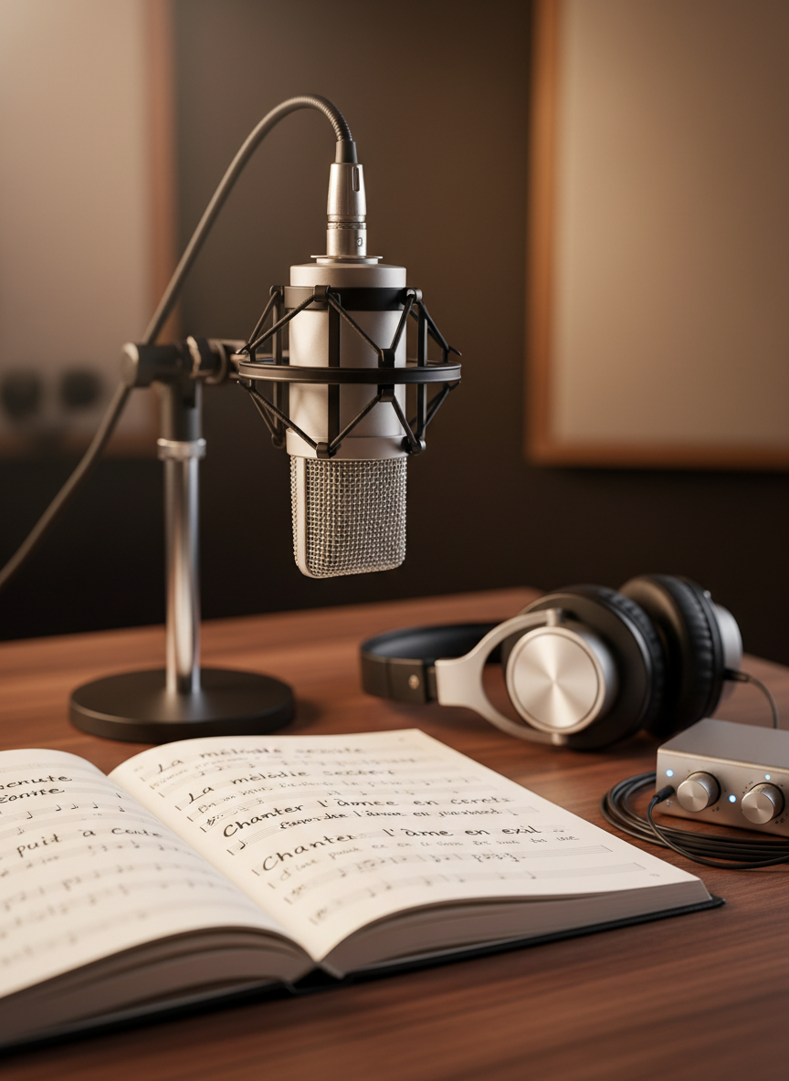 A sleek, high-end studio microphone with a fine mesh grille and brushed metal body, suspended in a shock mount in front of a large, open music notebook filled with neatly handwritten lyrics in French. The microphone stands on a walnut desk, where a pair of premium over-ear headphones rests beside a minimalist audio interface with softly glowing LEDs. Warm, diffused studio lighting from above and behind creates gentle reflections on the metal surfaces and a calm, professional ambiance. Photographic realism, shot at eye level with a shallow depth of field, keeping the microphone and lyrics in sharp focus while the background fades into a soft bokeh, conveying emotion, creativity, and meticulous craftsmanship.