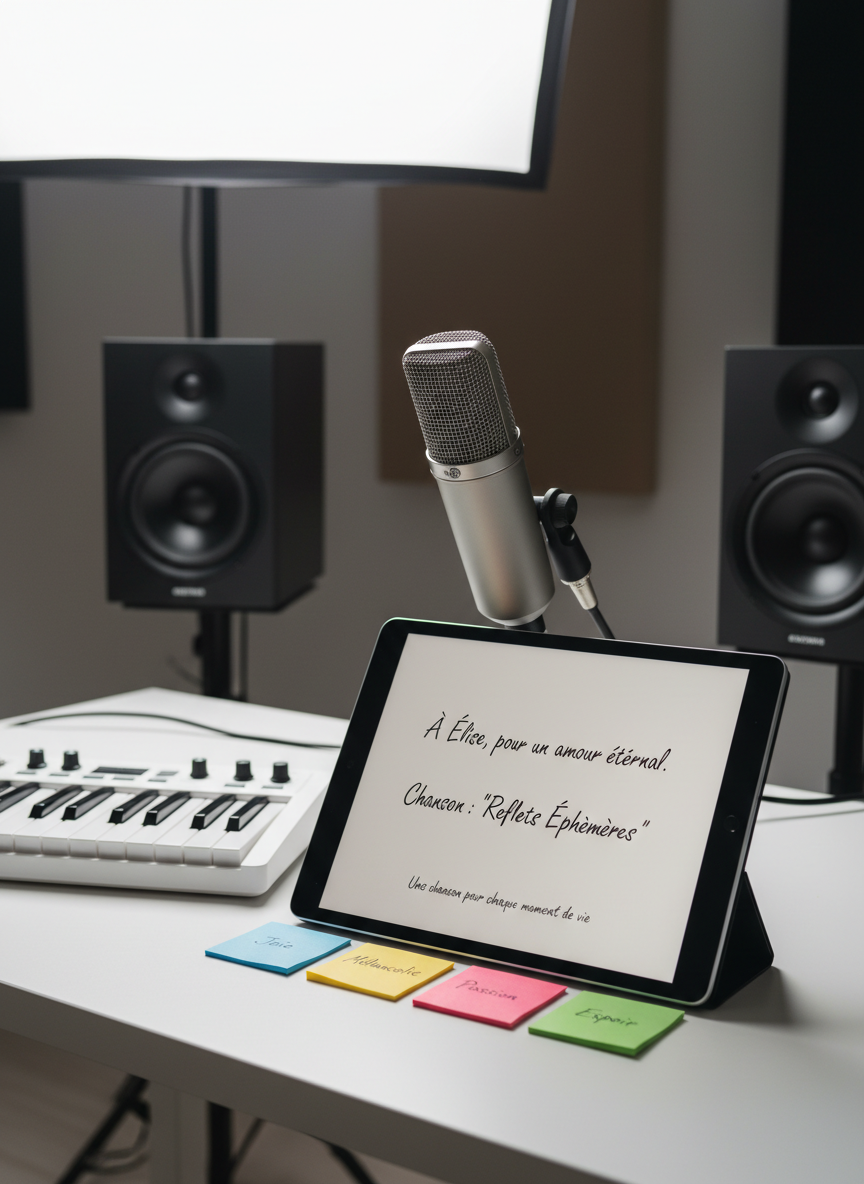 A modern, compact recording setup featuring a slender condenser microphone on a low-profile desk stand facing a tablet that displays a poetic French dedication and the title of a custom song. Surrounding the tablet are color-coded sticky notes with single emotional words, a small MIDI keyboard, and a pair of nearfield studio monitors in the background. Neutral, soft-box style lighting bathes the scene in an even, flattering glow, creating gentle specular highlights on the tablet glass and microphone body. Photographic realism, shot at eye level with balanced composition, expressing clarity, professionalism, and the thoughtful structure behind crafting a bespoke chanson pour chaque moment de vie.