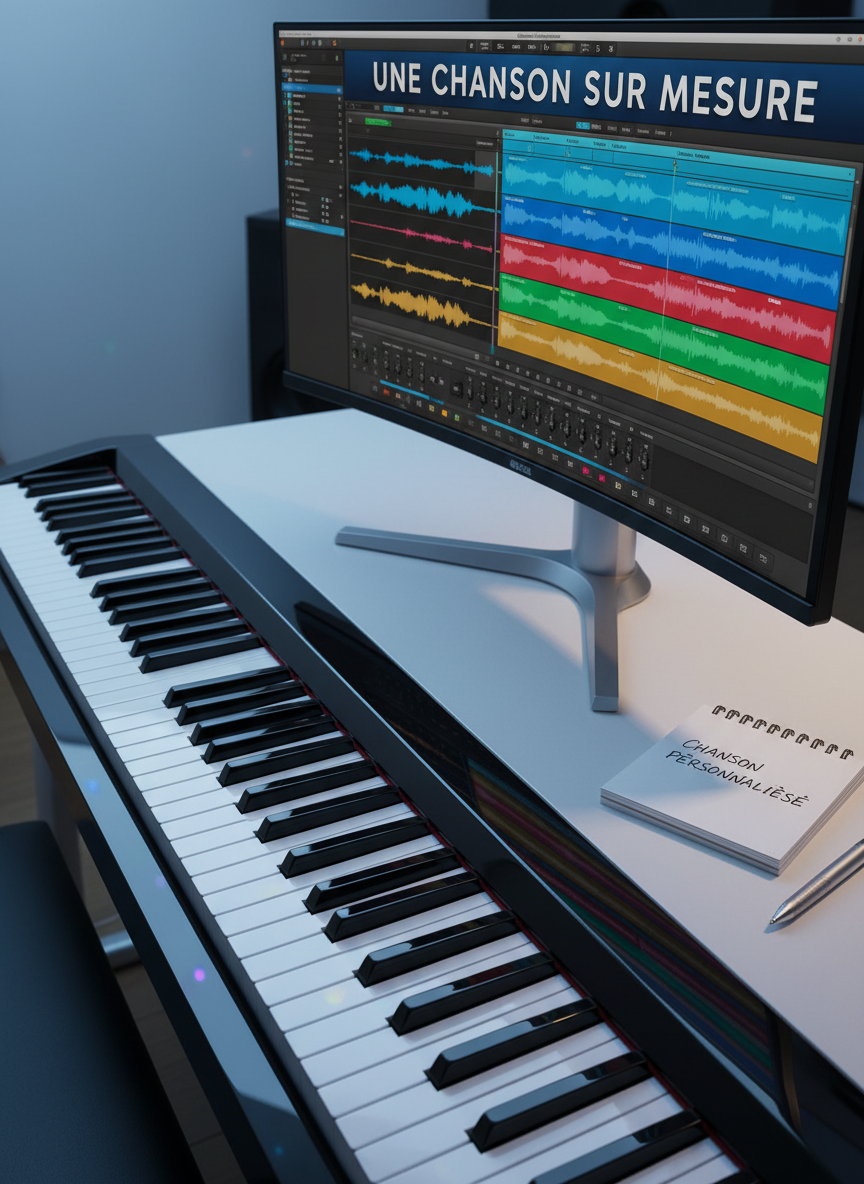 A polished digital piano keyboard with glossy black and white keys, each catching subtle reflections, stretches diagonally across the frame. Above the keys, a large computer monitor displays a colorful audio waveform and multitrack recording session of a song titled in French, while a small notebook labeled “Chanson personnalisée” lies open nearby. Soft, cool studio lighting from the side highlights the contours of the keys and the smooth texture of the desk, casting delicate shadows. Photographic realism, captured from a slightly elevated angle with moderate depth of field, creating a clean, modern, professional mood that evokes precision, inspiration, and the shaping of a unique musical gift.