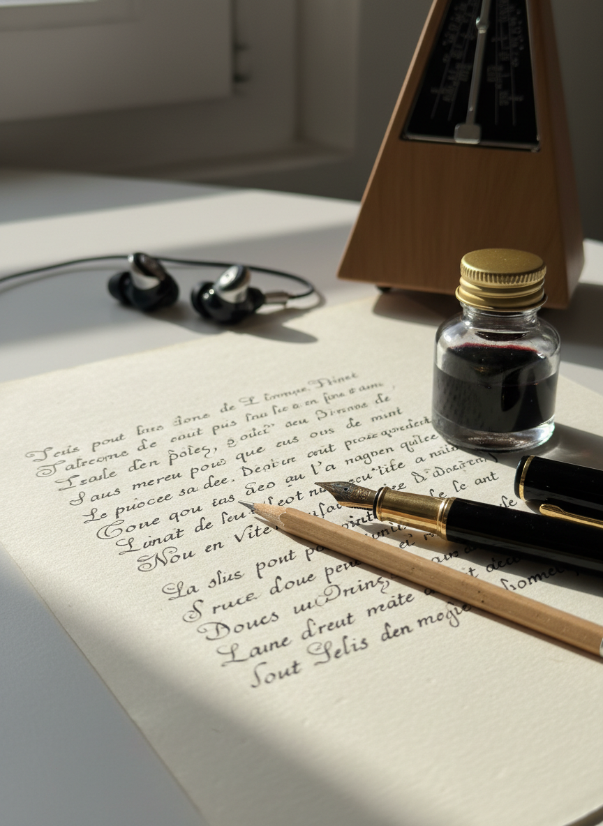 An intimate close-up of a sheet of high-quality ivory paper filled with flowing, handcrafted French song lyrics, a finely sharpened pencil resting across the page, and a classic fountain pen nearby with a glossy black barrel and gold accents. A small glass ink bottle reflects soft highlights, while a minimalist metronome and a pair of in-ear monitors sit softly blurred in the background. Gentle, diffused daylight from the left creates subtle shadows along the embossed paper texture. Photographic realism, shot from a slightly elevated angle with shallow depth of field, evoking focus, vulnerability, and the delicate process of transforming emotions and life moments into carefully chosen words and melodies.
