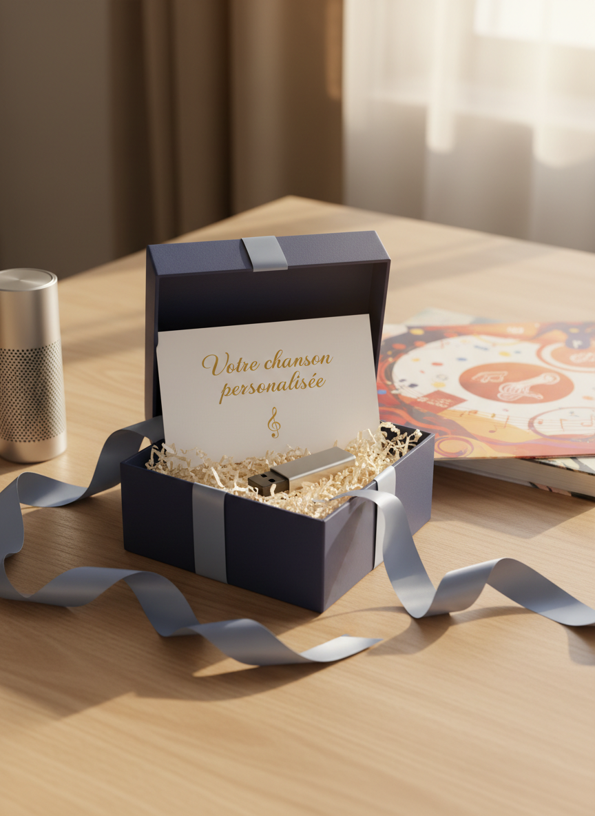 A beautifully wrapped gift box in matte navy paper with a satin ribbon, opened to reveal a premium USB drive and a sleek printed card titled “Votre chanson personnalisée” in elegant typography. The box rests on a light oak table next to a small, stylish Bluetooth speaker and a classic vinyl record sleeve subtly referencing celebration and emotion. Warm golden-hour light pours in from an unseen window, creating long, soft shadows and a gentle glow on the ribbon. Photographic realism, composed with the rule of thirds and a shallow depth of field, conveying anticipation, tenderness, and the idea of music as a timeless, personal keepsake.