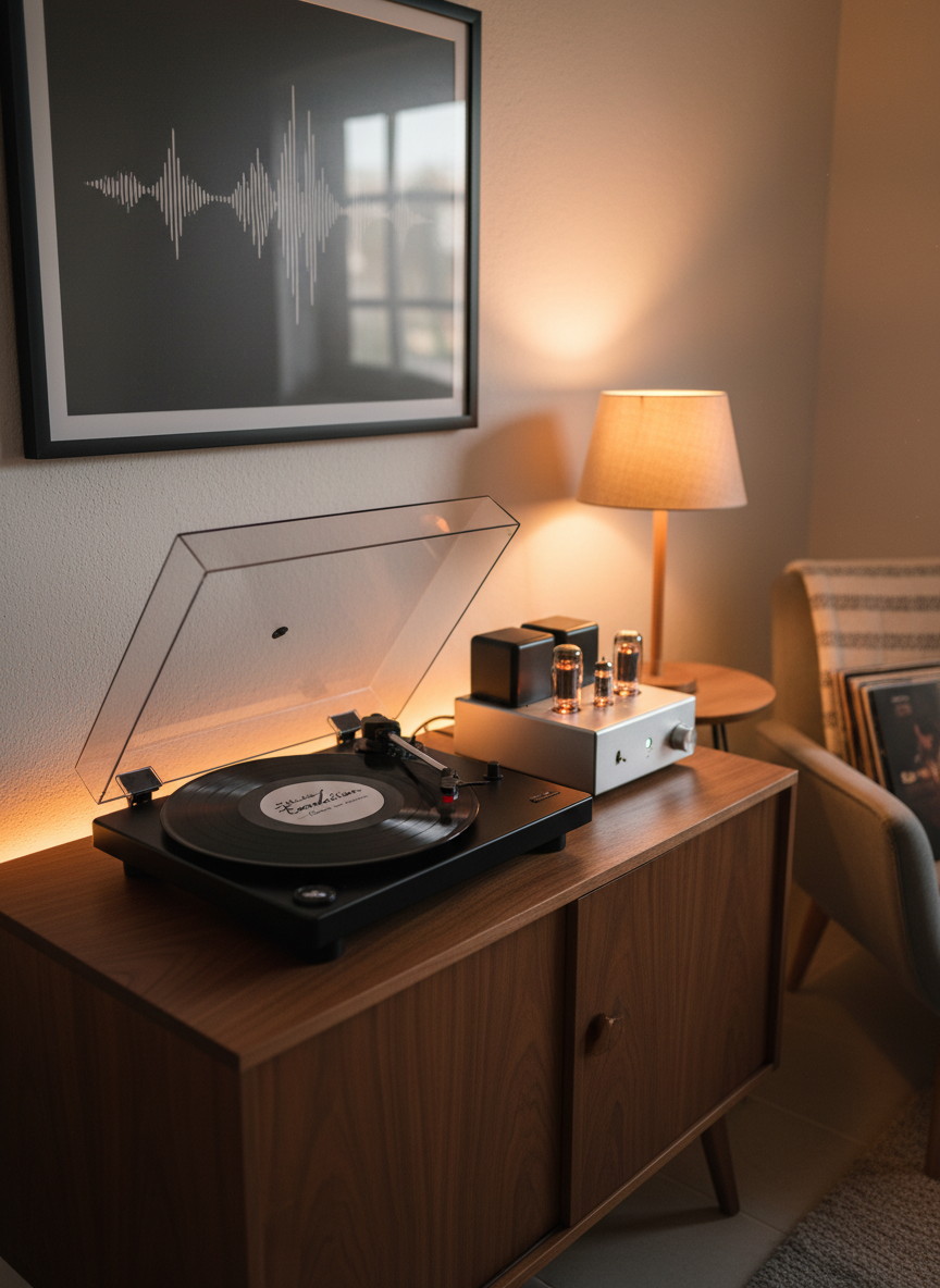 A cozy listening corner with a mid-century modern sideboard supporting a high-quality turntable, its transparent dust cover raised to reveal a spinning record titled “Studio Émotion – Chanson sur mesure.” Nearby, a compact, elegant hi-fi amplifier with glowing vacuum tubes casts a faint amber light, while a framed minimalist print of a sound wave hangs above. Soft evening lamp light and faint ambient LED backlighting behind the furniture create a warm, enveloping atmosphere. Photographic realism, shot from a slightly low angle with deep focus, highlighting the textures of wood, glass, and metal, and evoking introspection, nostalgia, and the emotional impact of hearing a personal song fill the room.