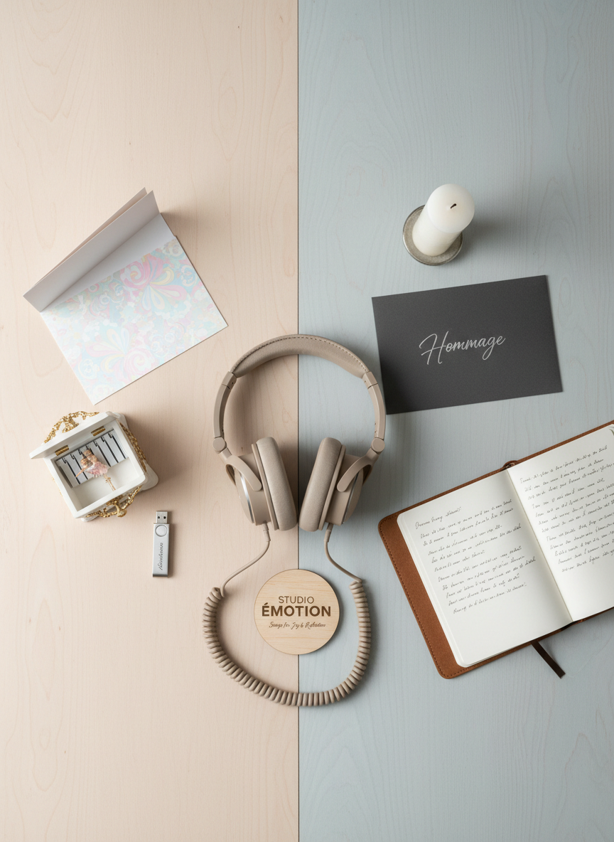 A split composition showing two contrasting song themes represented through objects on a single long desk: on one side, a pastel greeting card with delicate floral patterns beside a small music box and a USB key labeled “Anniversaire”; on the other, a refined, dark-toned envelope with silver lettering “Hommage” next to a single white candle and a notebook of reflective lyrics. In the center, a pair of neutral studio headphones connects both sides. Soft, balanced studio lighting emphasizes the difference in tones while unifying the scene. Photographic realism, overhead shot with clear, organized layout, expressing that Studio Émotion can create deeply personal songs for both joyful celebrations and tender, commemorative moments.